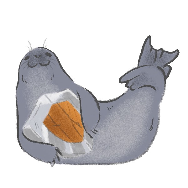 Illustration of a grey seal in banana pose holding a small wooden shield with a metal edge in its frount flippers. It looks conent with the protection.