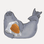 Illustration of a grey content seal in banana pose holding a wooden shield in his front flippers.