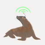 Illustration of a sea lion with a satellite transmitter on its head. The transmitter sends out green waves.