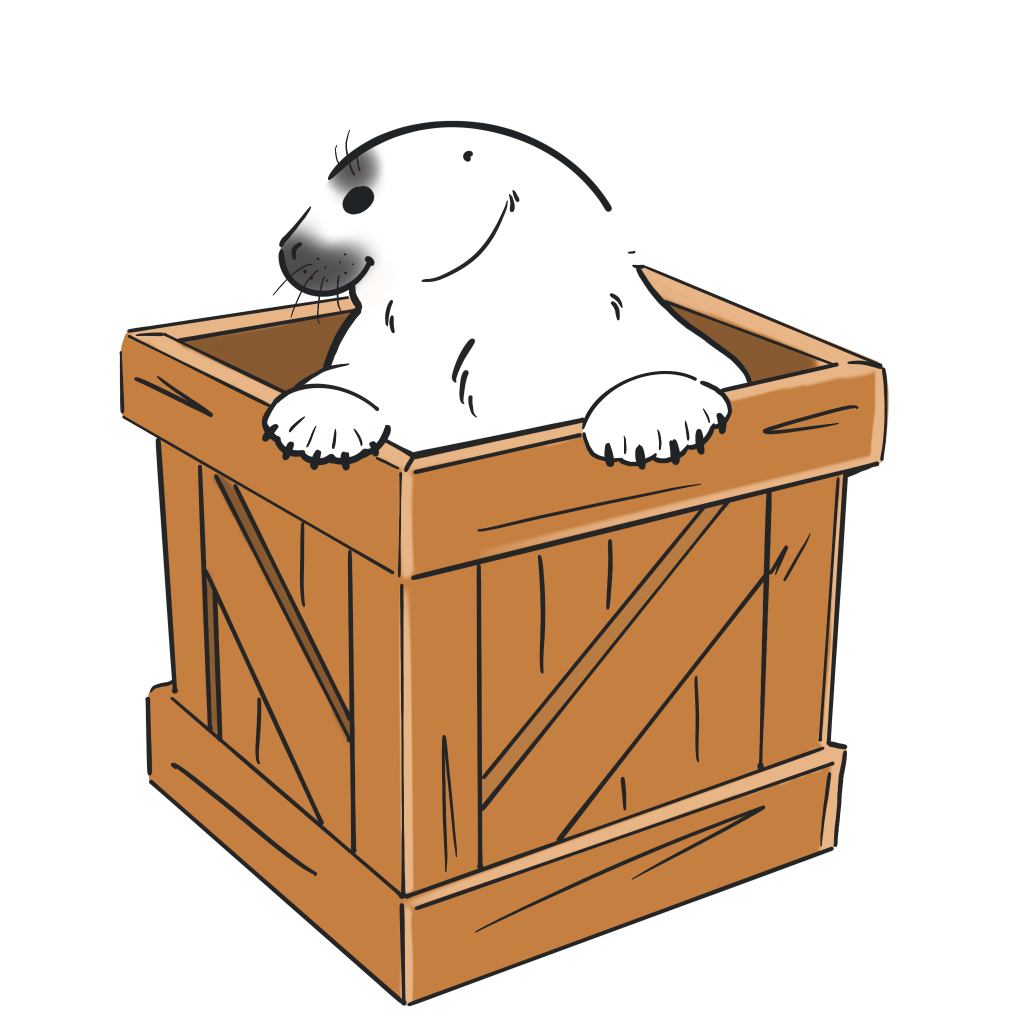 Illustration of a seal pup with its white lanugo fur looking out of a wooden transport box.