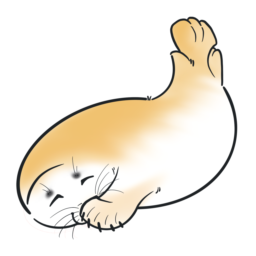 Drawing of a beige and white seal doing the "shy" pose, with hiding their face behind one flipper. It looks as if it'S not really shy and might be a little bit mischievous.