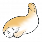 Drawing of a beige and white seal doing the "shy" pose, with hiding their face behind one flipper. It looks as if it'S not really shy and might be a little bit mischievous.