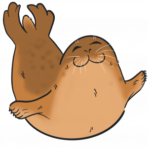 Drawing of a brown, happy seal in banana pose, flippers outstretched as if it wants to hug the viewer.