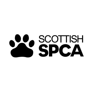 Logo of Scottish SPCA featurung a black paw print with four toes on white ground.