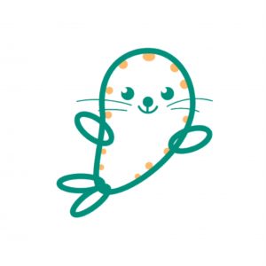 Tokkari Center logo, showing a smiling seal with big eyes and whiskers with a green outline and yellow spots.