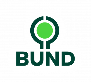 Logo BUND with an abstract tree in green over the typography in all caps.
