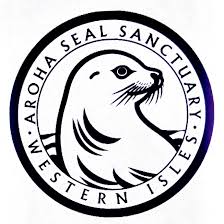 Logo of Aroha Seal Sanctuary with a black on white seal outlined in the waves, with the name and "Western Isles" added around the picture.