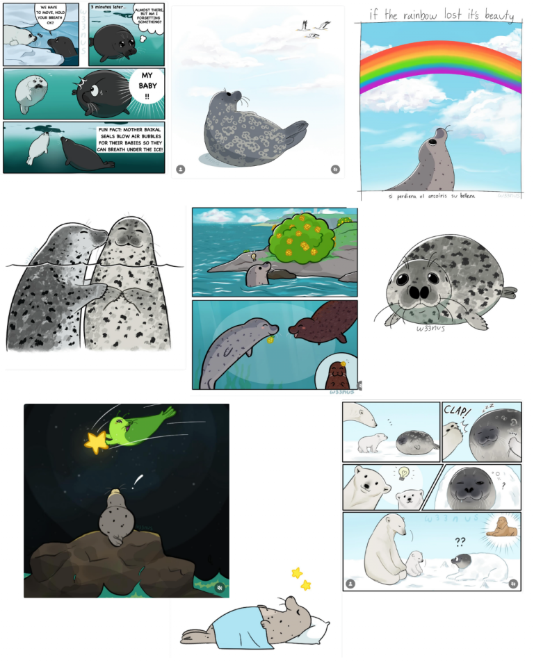 An overview of w33nus' seal art with a mix of doodles, comic strips, and full illustrations.